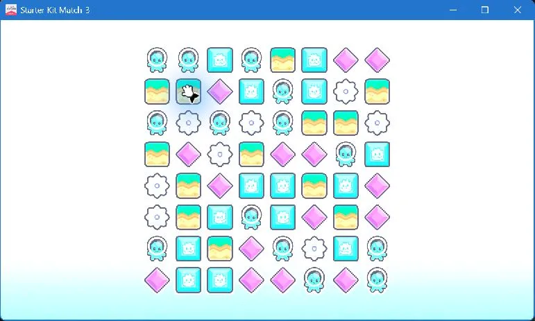 Starter Kit Match-3 running from its Godot Windows Release build: a match-3 board mid-game.