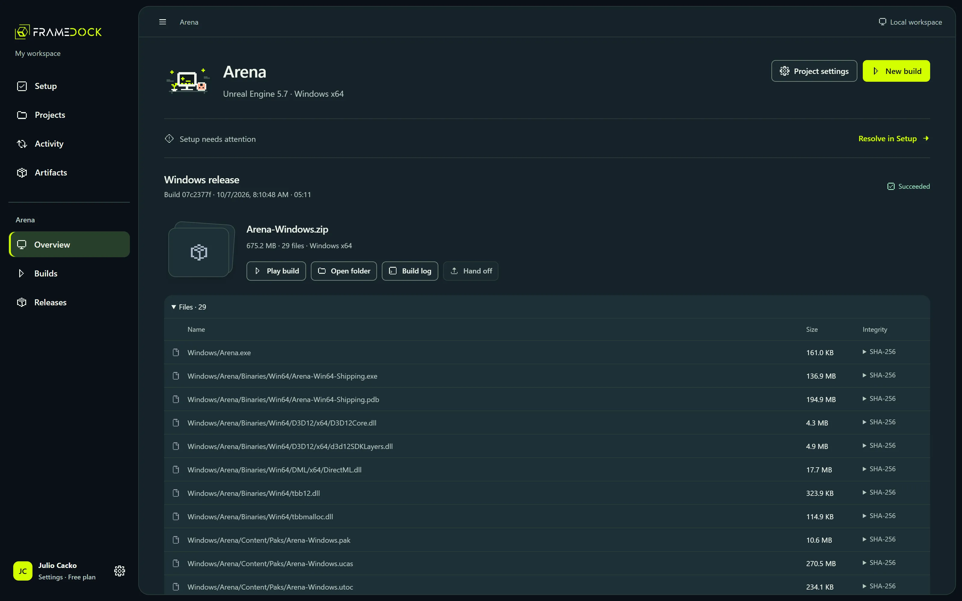 frameDock overview of the Arena project: the Windows release Arena-Windows.zip, 675.2 MB and 29 files, with Play build, Open folder, Build log and Hand off actions, and a file table listing each file with size and SHA-256 integrity.