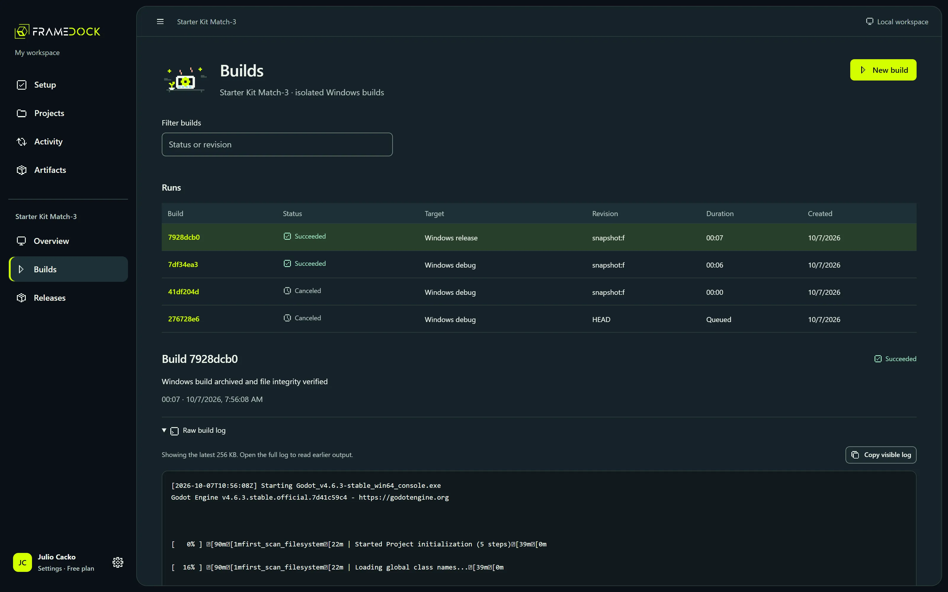 frameDock Builds page for Starter Kit Match-3: runs with succeeded and canceled statuses, targets, revisions and durations, and the raw Godot build log of the selected run.