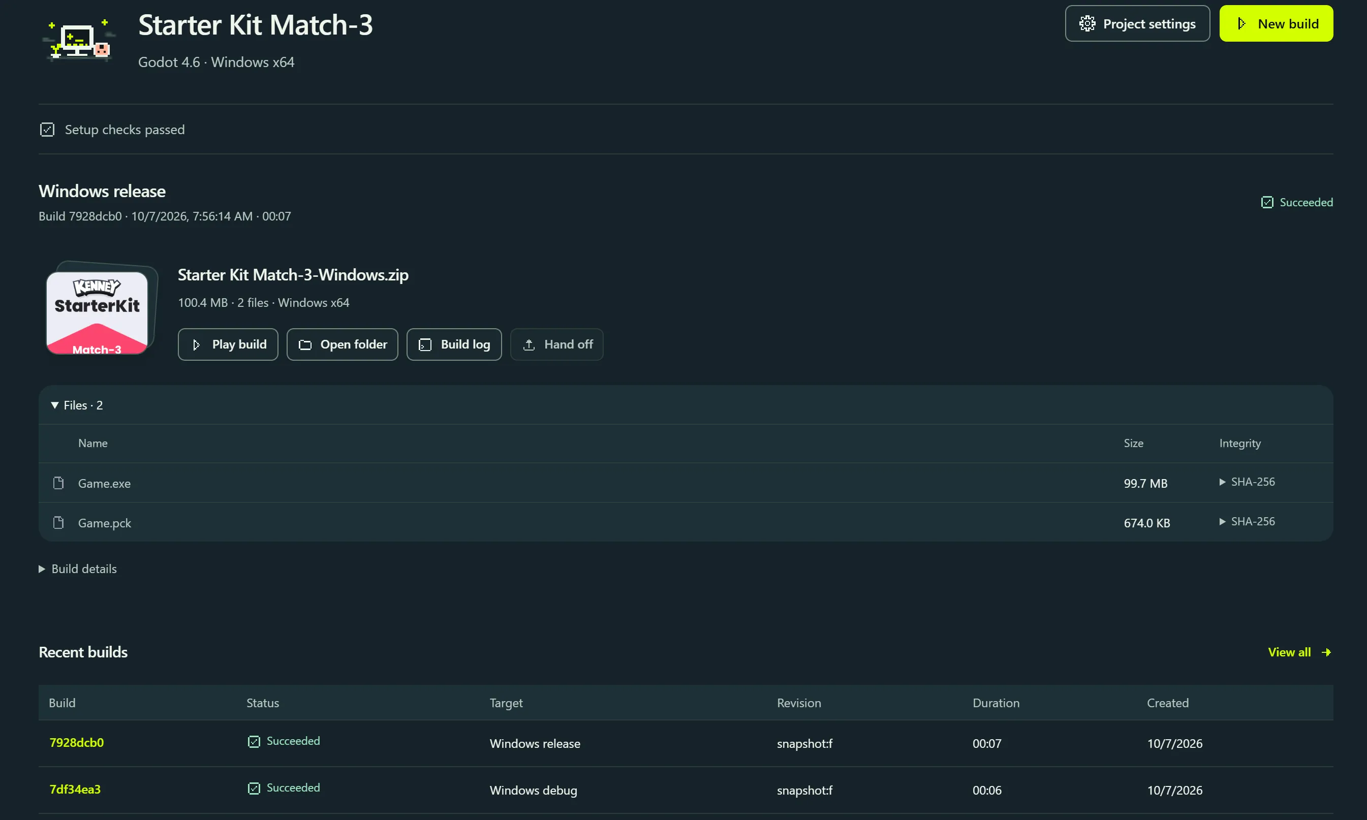 frameDock project overview for Starter Kit Match-3 on Godot 4.6: setup checks passed, the succeeded Windows release Starter Kit Match-3-Windows.zip (100.4 MB, 2 files) with Play build, Open folder, Build log and Hand off, its files with SHA-256 integrity, and recent builds.