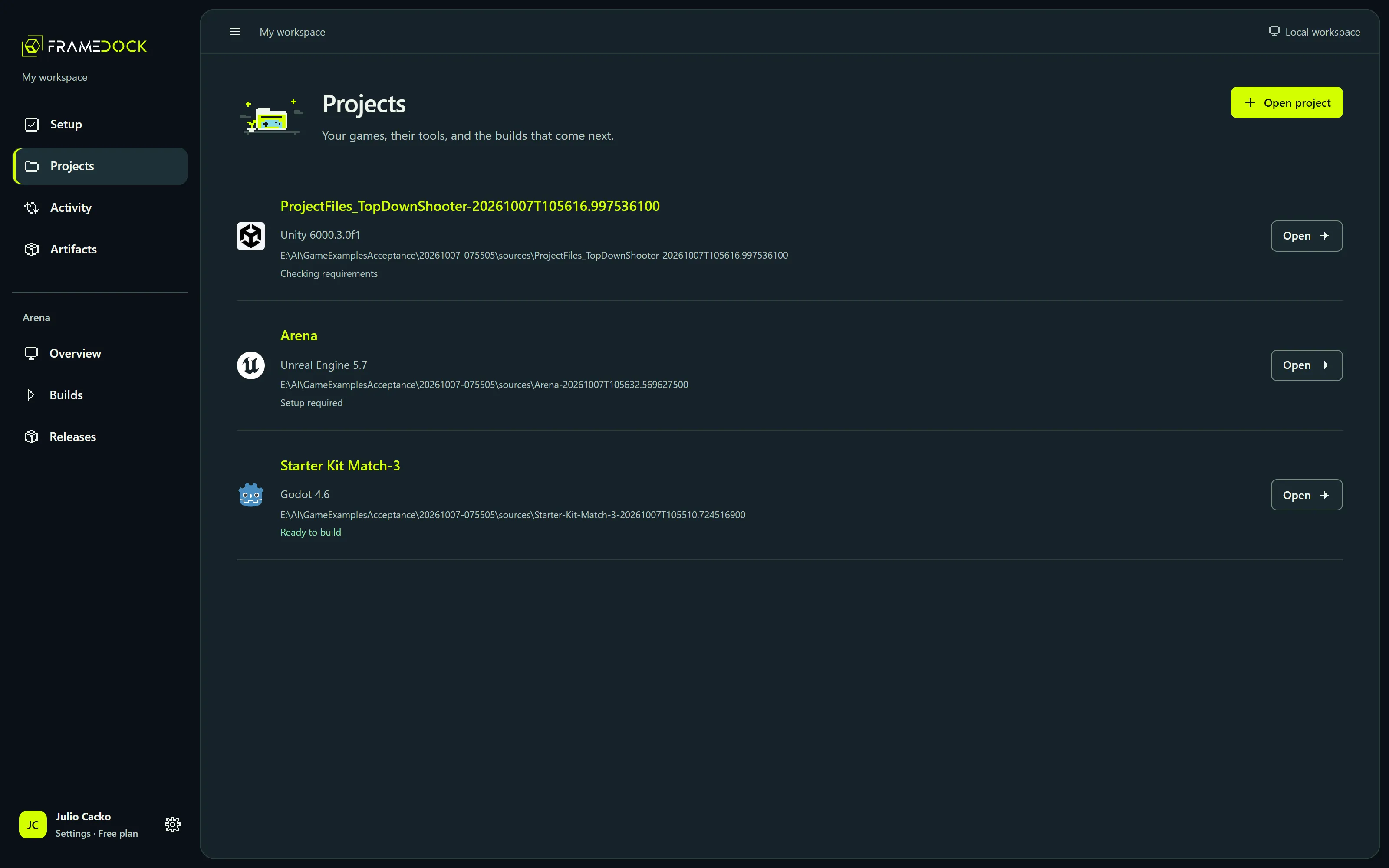 frameDock Projects page listing three games: a Unity 6000.3 project checking requirements, Arena on Unreal Engine 5.7 with setup required, and Starter Kit Match-3 on Godot 4.6 ready to build.